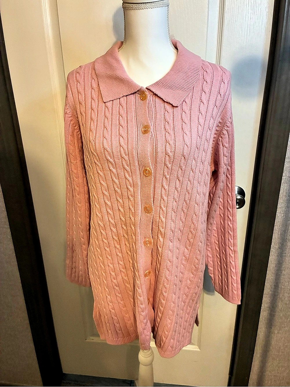 Denim & Co. Cable Knit Collared Cardigan in Pink Size Medium NWT